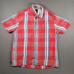 Tommy Bahama Shirt Men's L Red Plaid Silk Beach Summer Lightweight Tropical